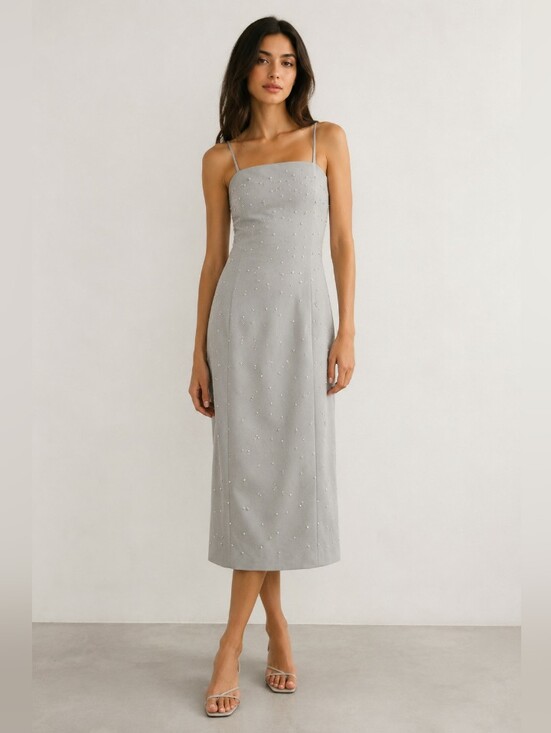 STINE GOYA Dresses & Skirts - Stine Goya Aly Gray Beaded‎  Rhinestone Strap Midi Dress In Crystal Clusters XXS